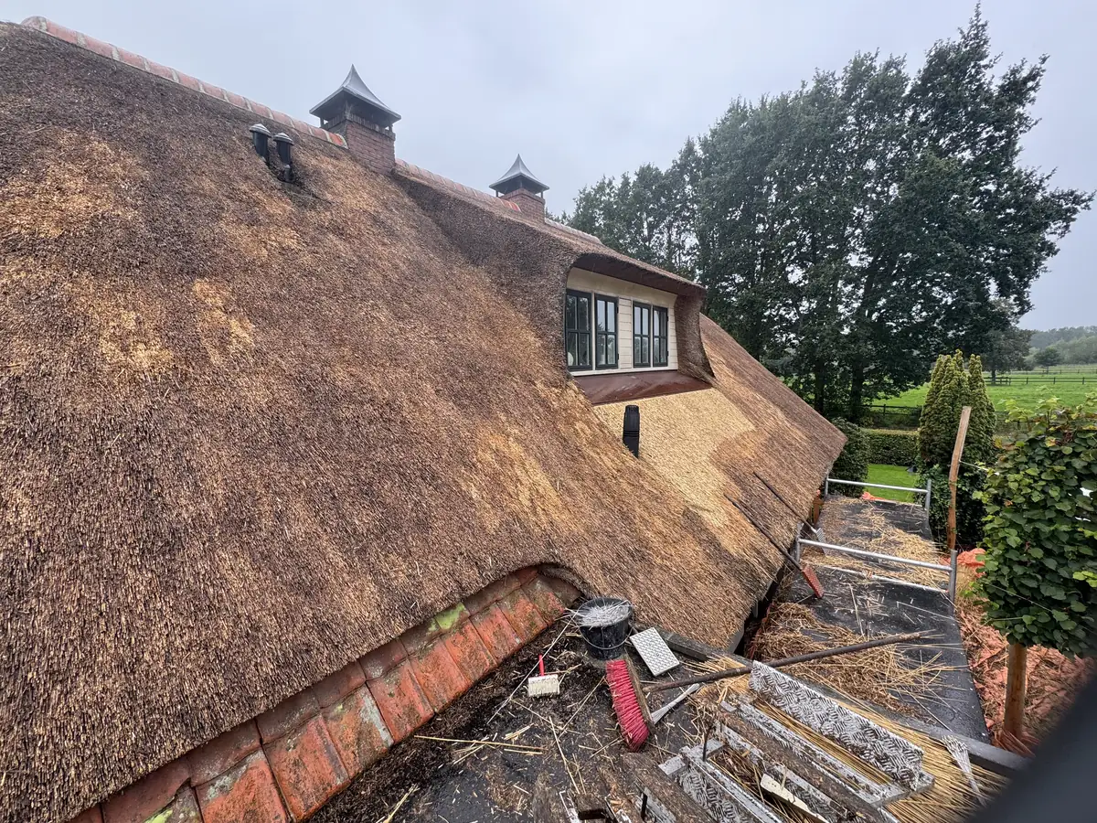Rietdekkerswerk aan een bestaand boerderijdak